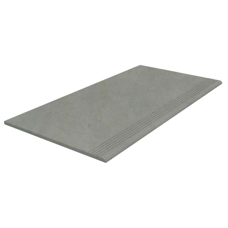 Graue Feinsteinzeug-Trittstufe mit Rillenprofil für Treppen im Innen- und Außenbereich.