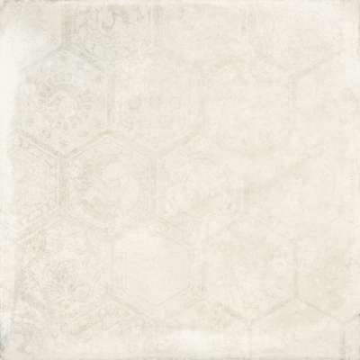 Hexagon Soft Beige: Helle Fliese mit dezentem, hexagonalem Muster und floralen Ornamenten.